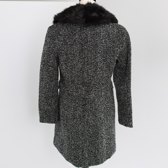 Retro tweed winter coat removable faux fur collar black & white S - Picture 3 of 13